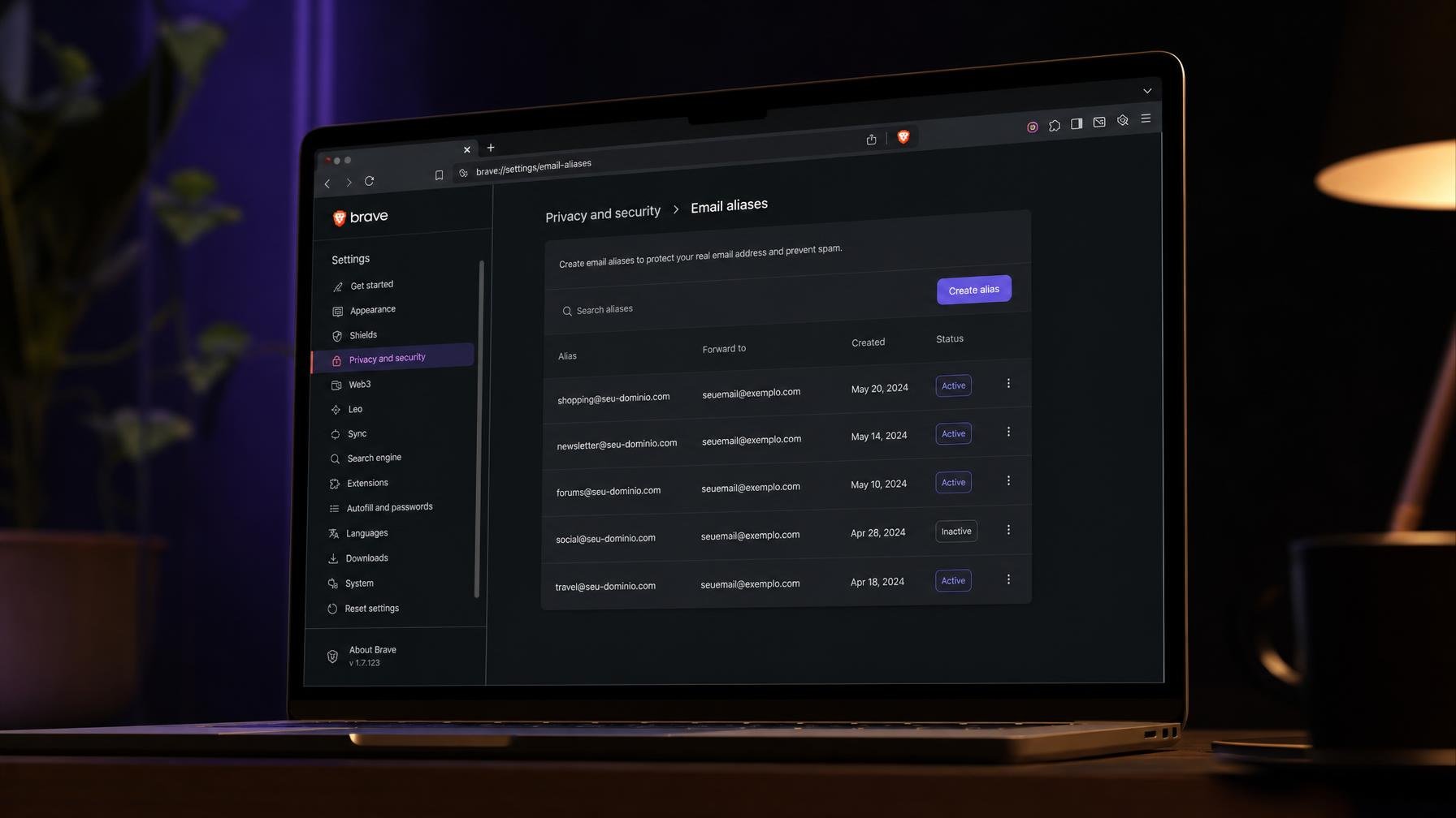 Brave ganha aliases de email para cortar mais um fio ao tracking